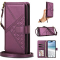 Metallic purple woven leather crossbody wallet case for iPhone displaying full composite views, including front magnetic flap, hand wristlet wear, shoulder strap wear, interior card slots, photo ID window, and cash pocket.