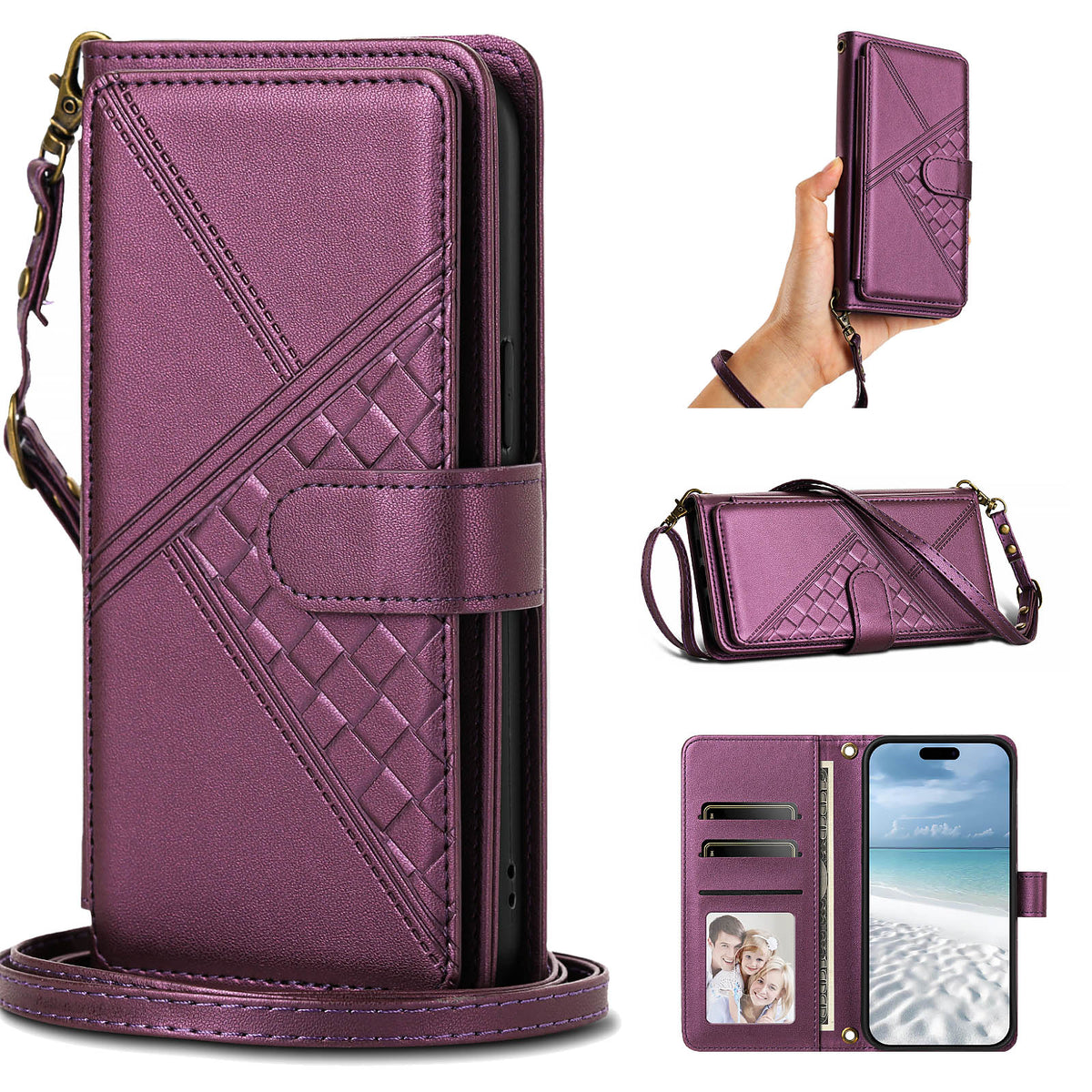Metallic purple woven leather crossbody wallet case for iPhone displaying full composite views, including front magnetic flap, hand wristlet wear, shoulder strap wear, interior card slots, photo ID window, and cash pocket.
