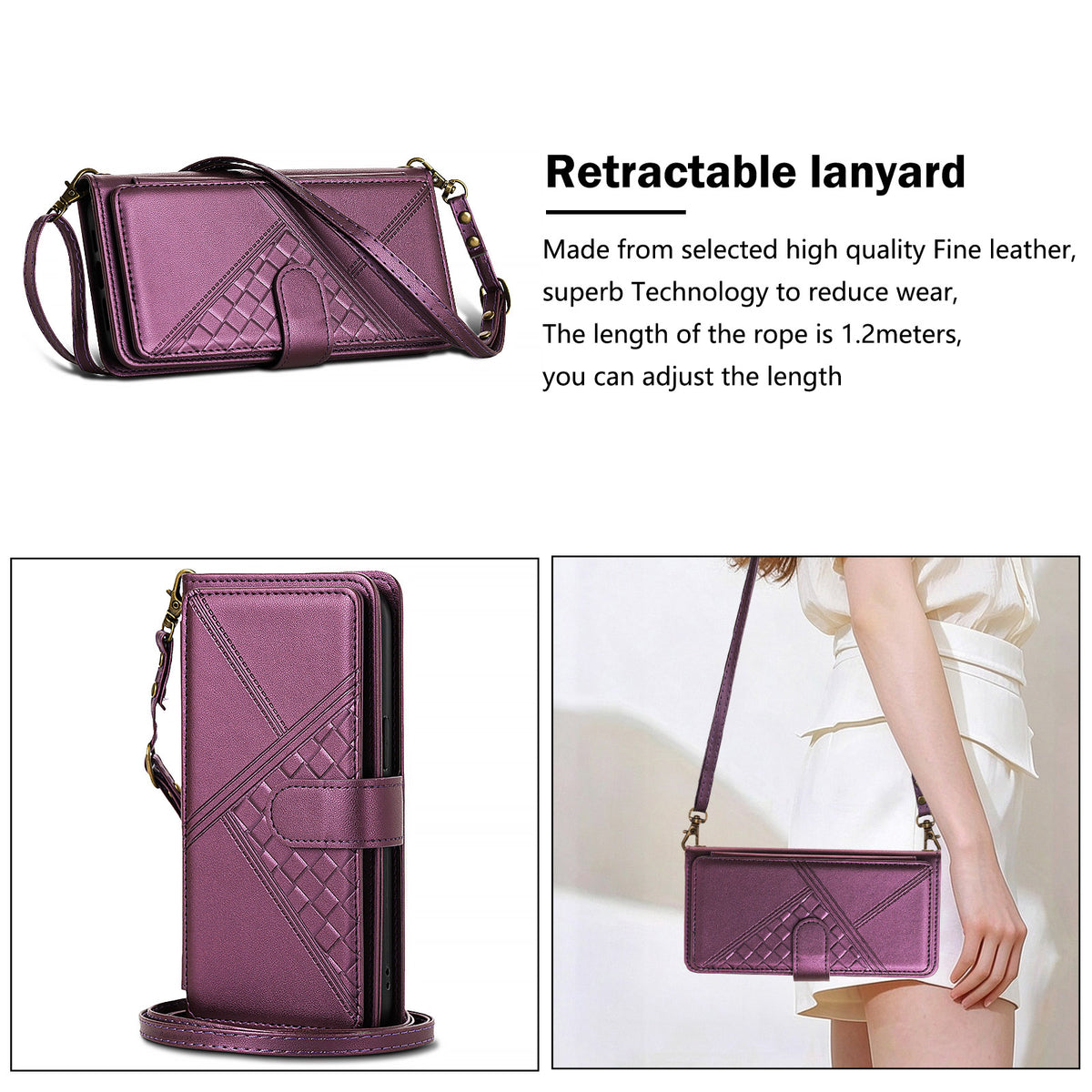 Metallic purple woven leather crossbody wallet case for iPhone showcasing composite views with retractable 1.2-meter adjustable shoulder lanyard strap and model wear.