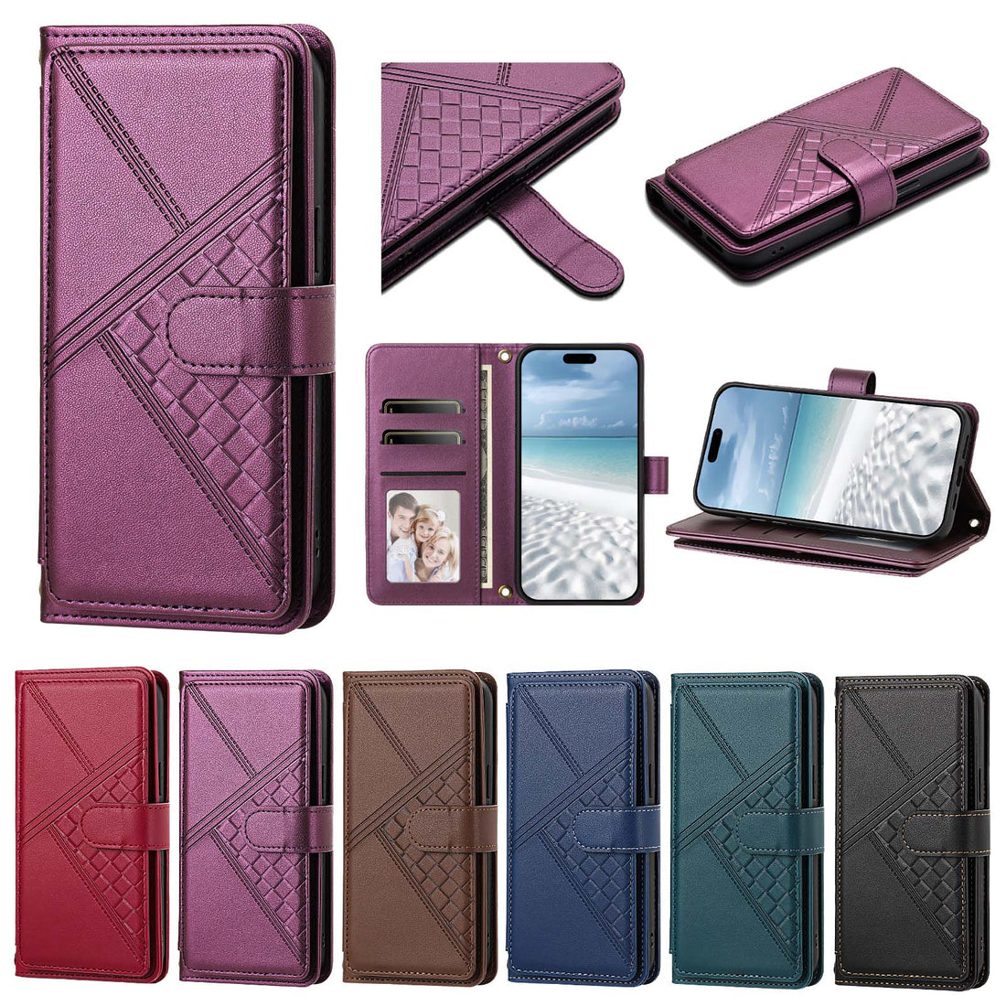 Metallic purple woven leather wallet case for iPhone displayed in full product overview including open card slots, kickstand view, closed flap, and 6 available color options.