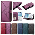 Metallic purple woven leather wallet case for iPhone displayed in full product overview including open card slots, kickstand view, closed flap, and 6 available color options.