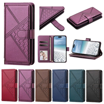 Metallic purple woven leather wallet case for iPhone displayed in full product overview including open card slots, kickstand view, closed flap, and 6 available color options.