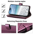 Metallic purple woven leather wallet case set in horizontal kickstand mode with diagrams for 40-degree, 60-degree, and 80-degree viewing angles and magnetic clasp detail.