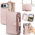 Metallic rose gold iPhone DUO leather crossbody wallet case with card slots, zipper cash pocket, and gold accent ring attachment