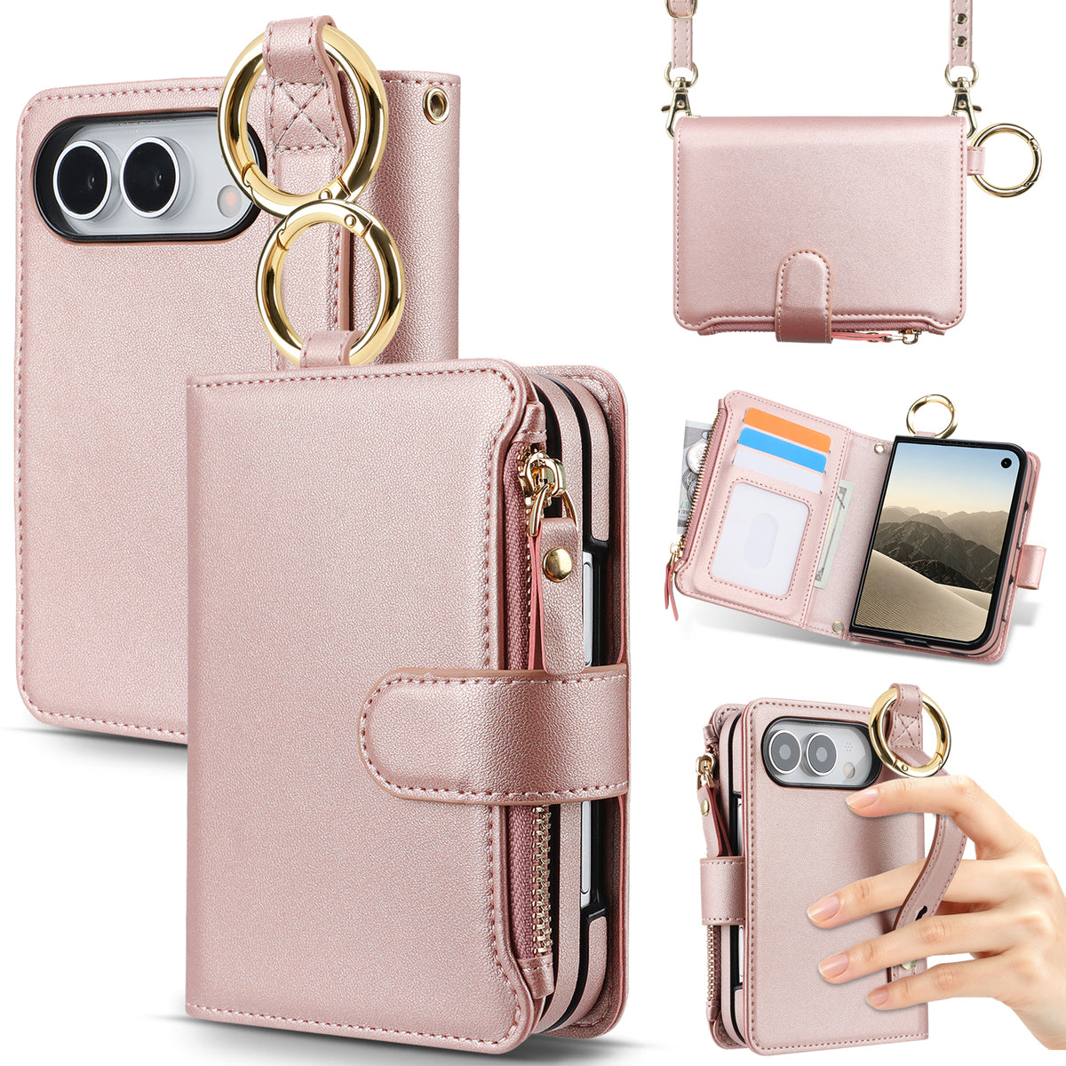 Metallic rose gold iPhone DUO leather crossbody wallet case with card slots, zipper cash pocket, and gold accent ring attachment
