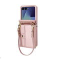 Metallic rose gold leather crossbody wallet case with detachable strap for Samsung Galaxy Z Flip.
