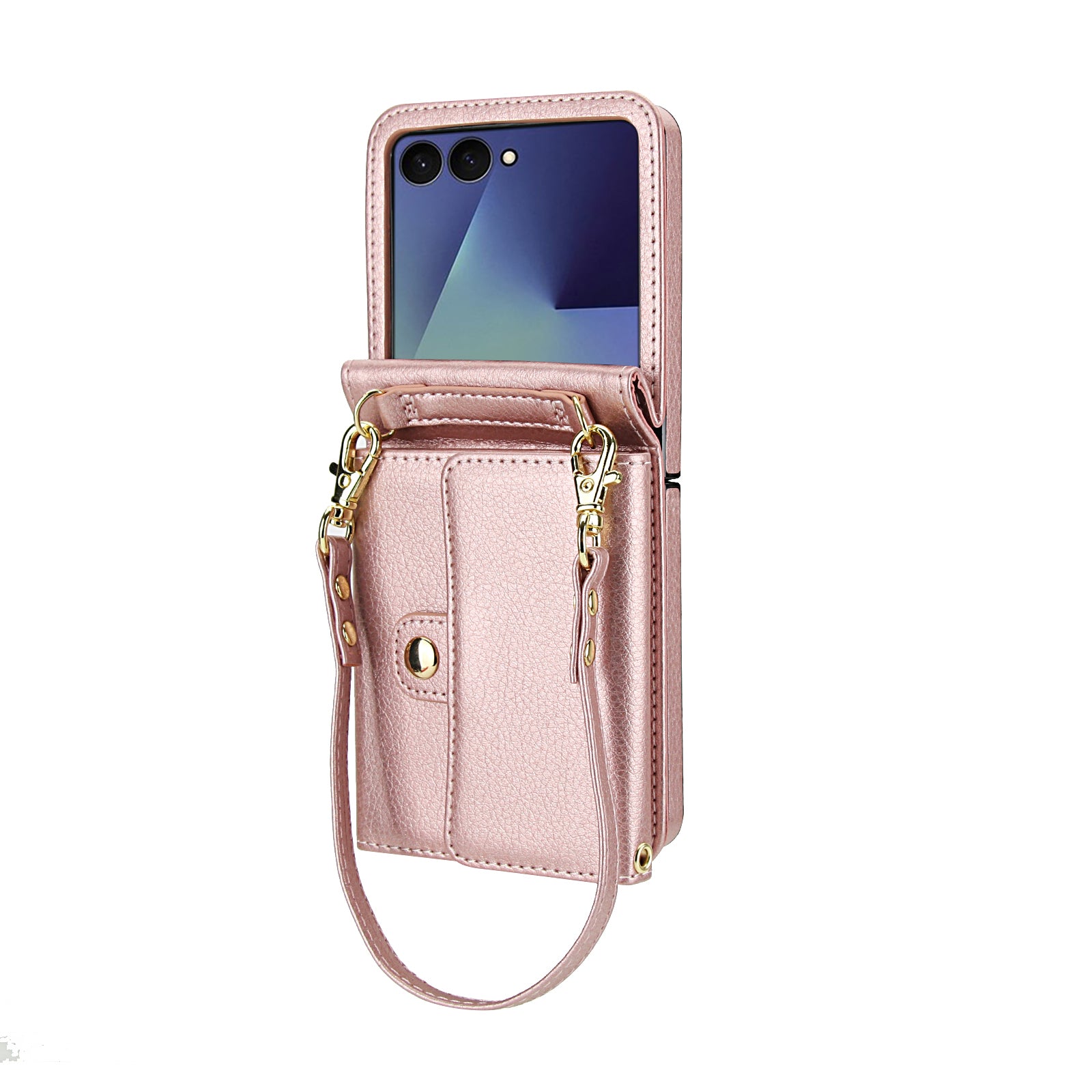 Metallic rose gold leather crossbody wallet case with detachable strap for Samsung Galaxy Z Flip.