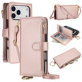 Metallic rose gold leather wallet phone case composite showing a rear view with camera cut-out, an adjustable crossbody strap, and an open interior with card slots and a cash pocket.