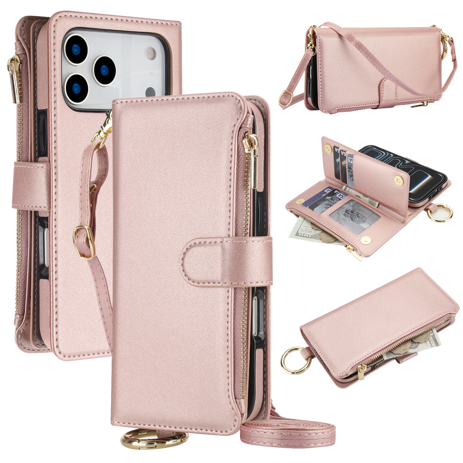 Metallic rose gold leather wallet phone case composite showing a rear view with camera cut-out, an adjustable crossbody strap, and an open interior with card slots and a cash pocket.
