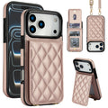 Metallic rose gold quilted leather purse phone case with flip wallet, card slots, clear ID window, and lanyard shoulder strap.
