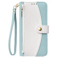 Mint green and off-white two-tone leather zipper wallet phone case with attached wristlet strap for iPhone 17 and 18 series.