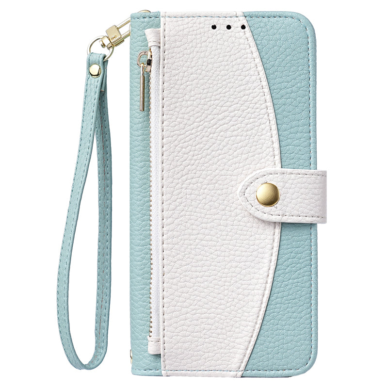 Mint green and off-white two-tone leather zipper wallet phone case with attached wristlet strap for iPhone 17 and 18 series.
