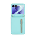 Mint aqua blue leather crossbody zipper wallet case for Samsung Galaxy Z Flip featuring gold hardware and strap rings.