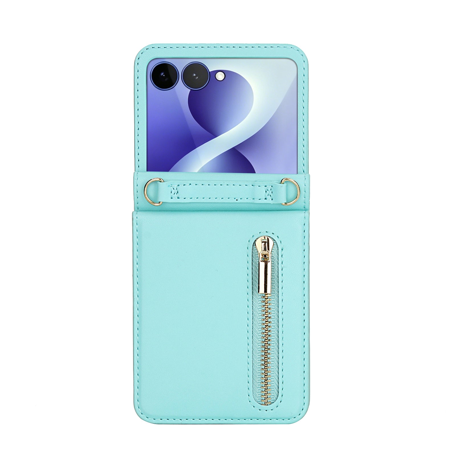 Mint aqua blue leather crossbody zipper wallet case for Samsung Galaxy Z Flip featuring gold hardware and strap rings.