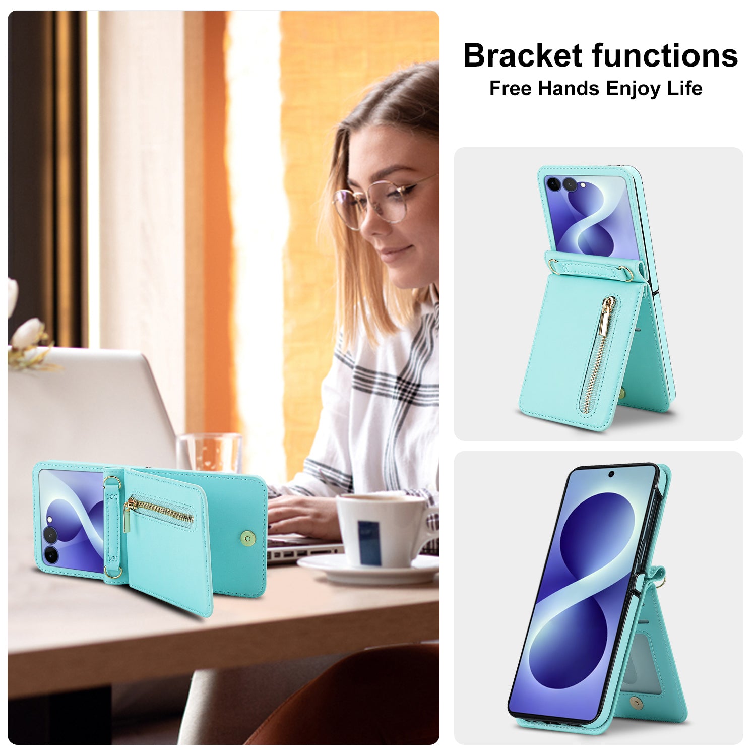 Mint green Samsung Z Flip phone case displayed in vertical and horizontal kickstand positions on a desk.⁠