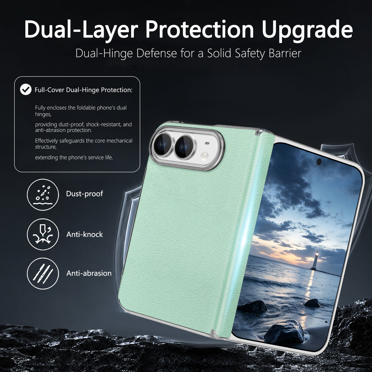 Mint green dual-layer protection case for iPhone DUO showing dust-proof and anti-knock features next to main display