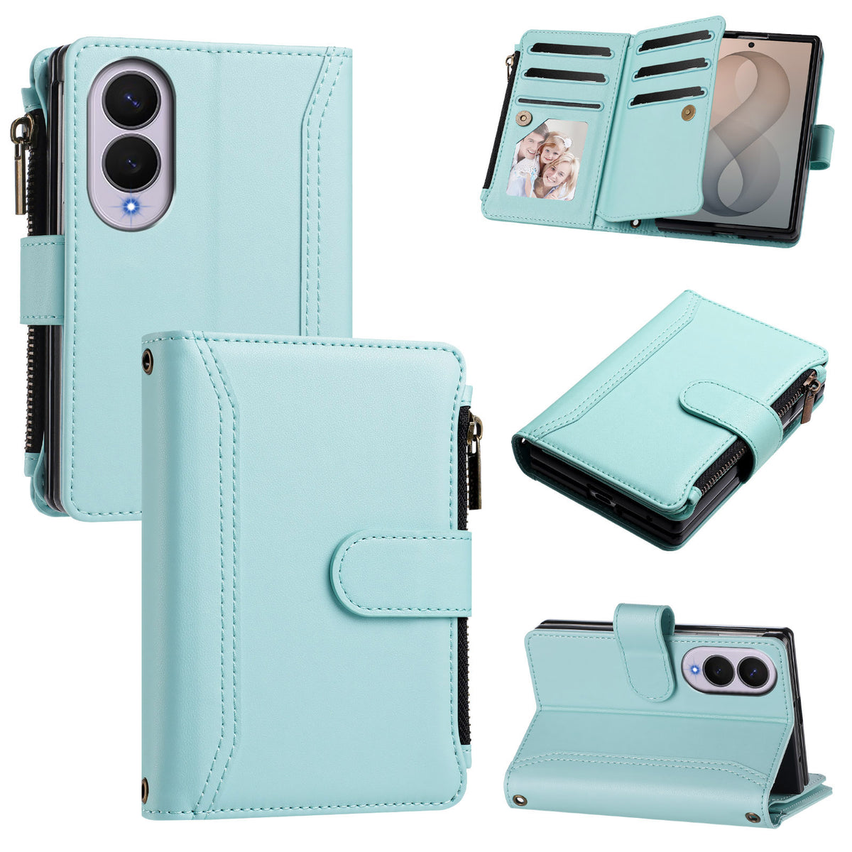 Mint green leather wallet case for Samsung Galaxy Z Fold 8 showing full product angles including camera cutout, multi-card flap, zipper purse, and horizontal kickstand.