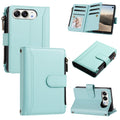 Mint green leather wallet case for iPhone DUO showing full product angles including camera cutout, multi-card flap, zipper purse, and horizontal kickstand mode.