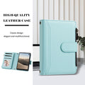 Mint green luxury leather wallet case for iPhone DUO standing beside a laptop, highlighting classic design aesthetics.