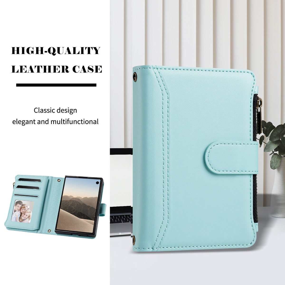 Mint green luxury leather wallet case for iPhone DUO standing beside a laptop, highlighting classic design aesthetics.
