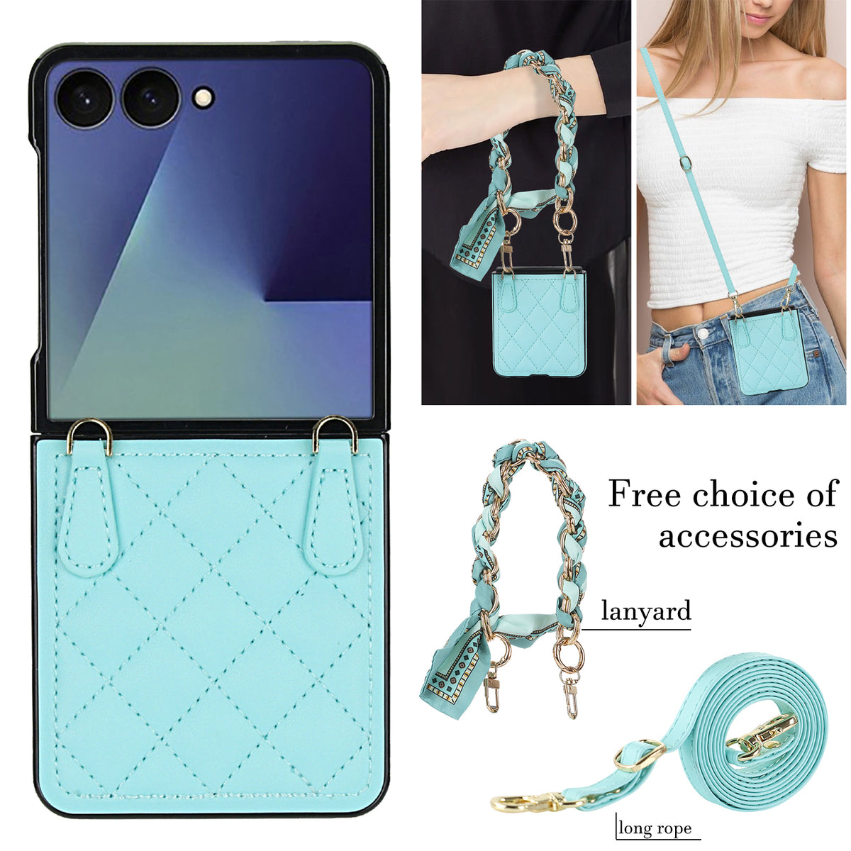 Mint green quilted leather Samsung Galaxy Z Flip case displayed with patterned teal scarf wristlet lanyard and long shoulder strap