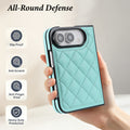 Mint green quilted leather iPhone DUO case showing anti-scratch, slip-proof, and shockproof protective features.