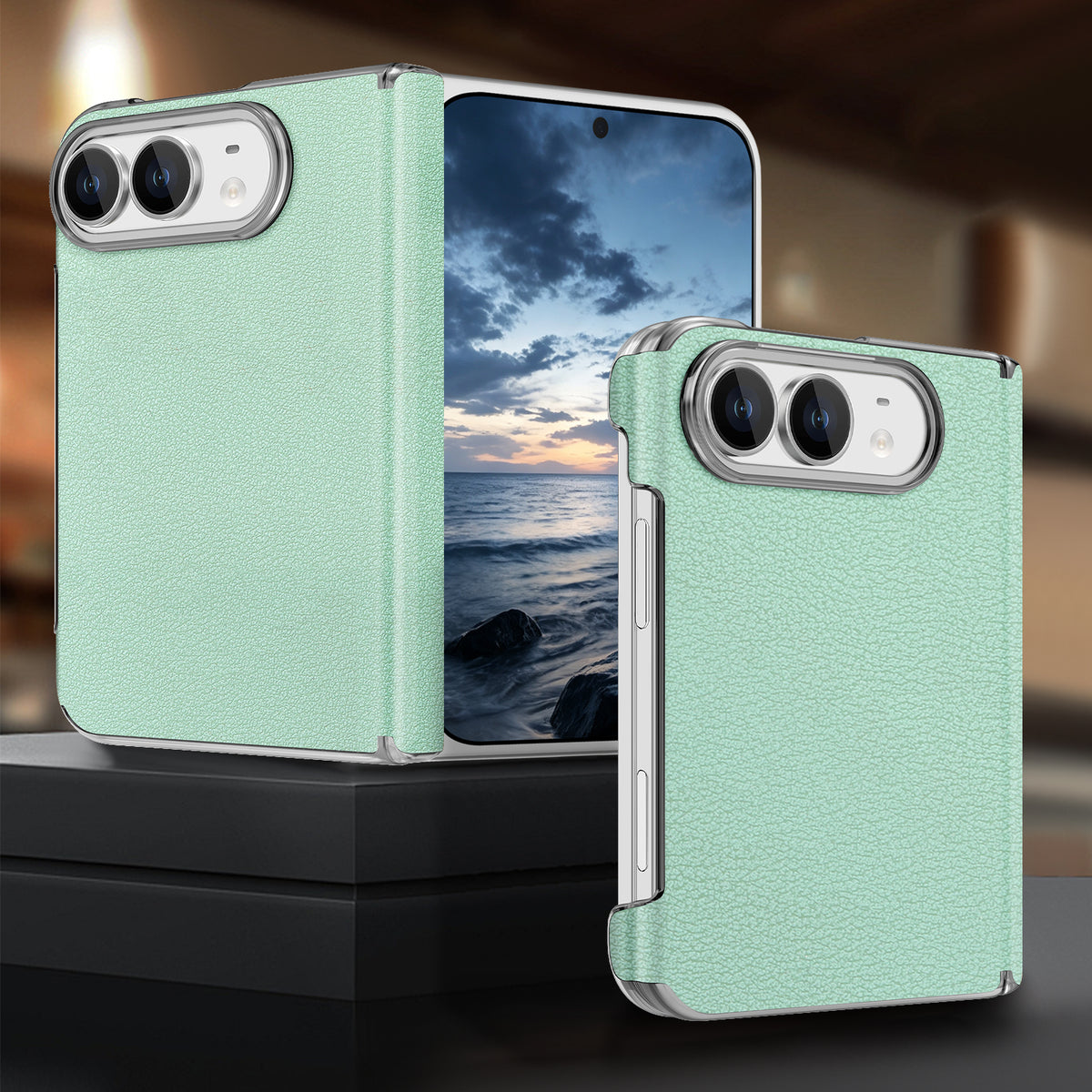 Mint green soft-touch vegan leather case for Apple iPhone DUO highlighting full dual-axis hinge defense.
