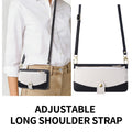 Model wearing a white button-up shirt and beige pants wearing the black two-tone leather iPhone wallet case as a hands-free crossbody bag.