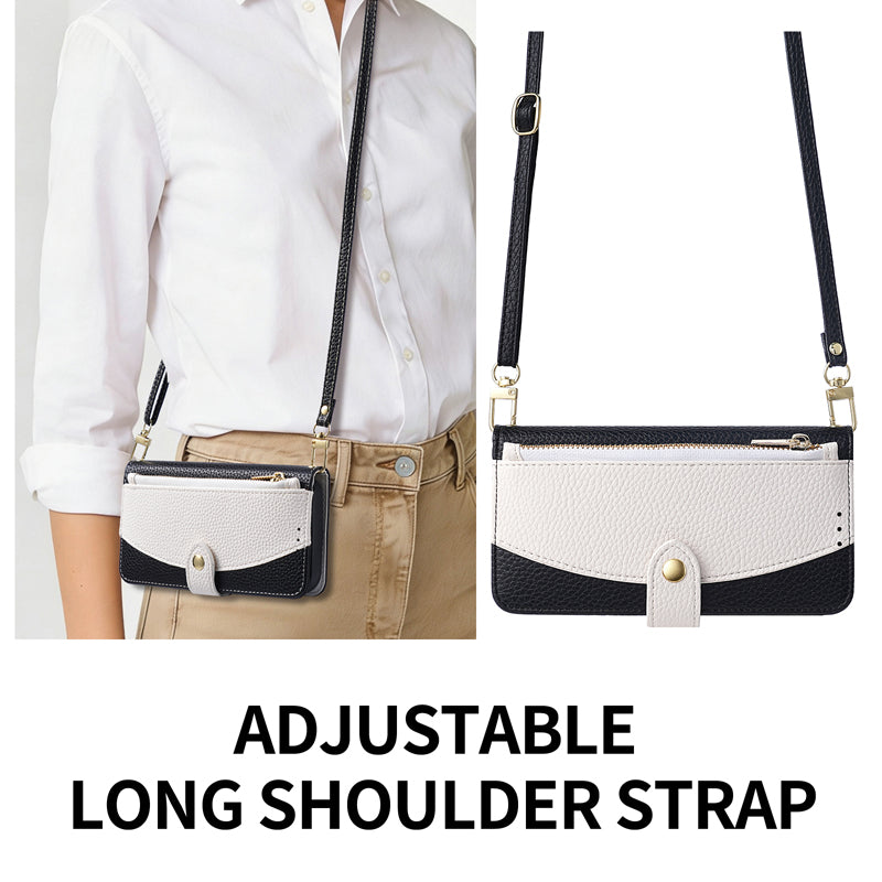 Model wearing a white button-up shirt and beige pants wearing the black two-tone leather iPhone wallet case as a hands-free crossbody bag.