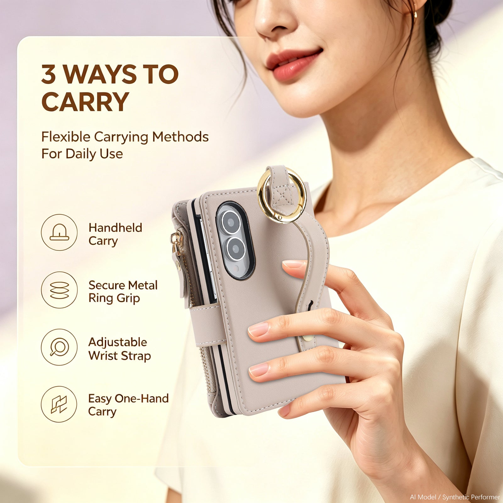 Model holding cream grey leather Z Fold 8 case demonstrating the secure metal ring grip and built-in wrist strap for easy one-handed carry.