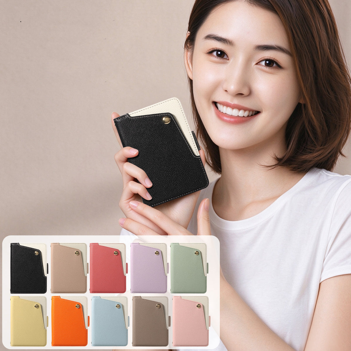 Model holding the black dual-tone leather iPhone DUO wallet case alongside a color palette showcase of all 10 available color options.