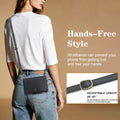Model wearing black leather Samsung Galaxy Z Fold 8 case as a crossbody purse with an adjustable shoulder strap ranging from 46 inches to 92 inches.