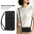 Model wearing black leather zipper wallet case as a stylish crossbody purse with adjustable strap