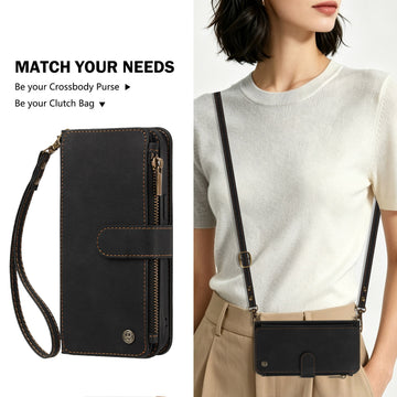 Model wearing black leather zipper wallet case as a stylish crossbody purse with adjustable strap