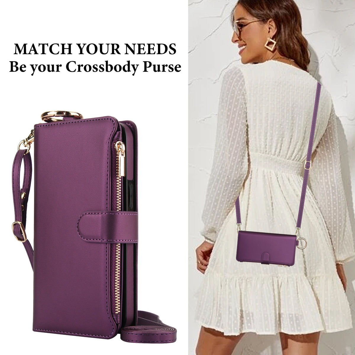 Model wearing deep purple leather crossbody purse case for Samsung Galaxy A57 A56 A55 paired with a white dress.