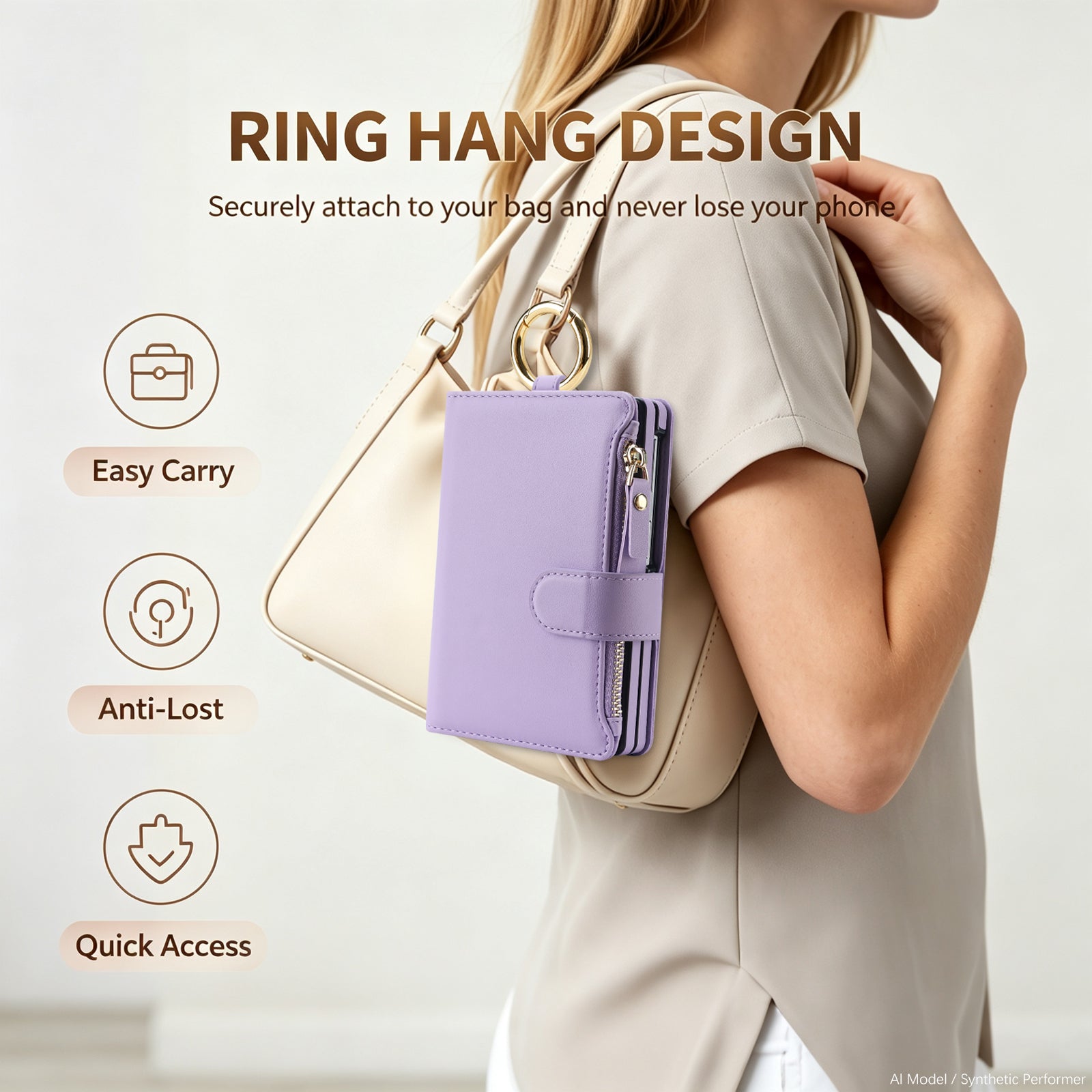 Model wearing light purple leather Galaxy Z Fold 8 wallet case clipped by its top metal O-ring to a beige handbag shoulder strap for easy carry.