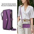 Model wearing purple leather crossbody wallet case with long adjustable shoulder strap paired with a casual outfit.
