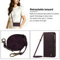Model wearing purple leather zipper wallet case with 1.2m retractable adjustable lanyard shoulder strap
