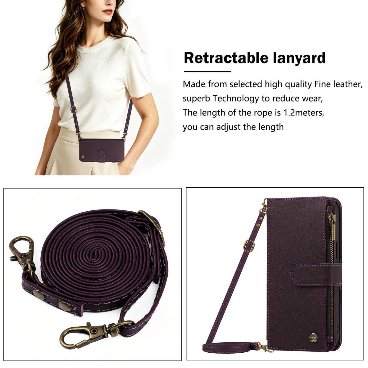 Model wearing purple leather zipper wallet case with 1.2m retractable adjustable lanyard shoulder strap