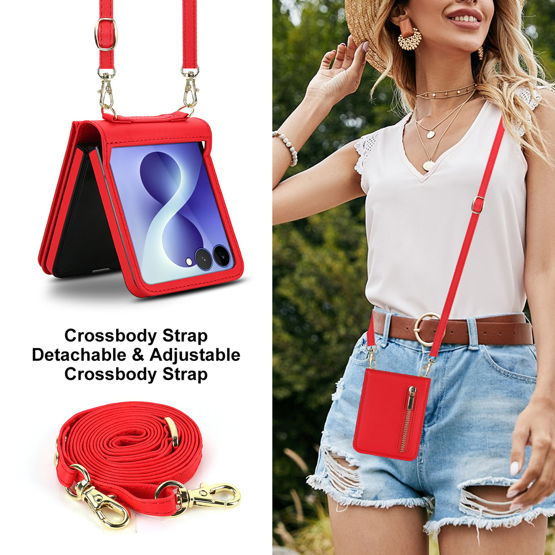 Samsung Galaxy Z Flip crossbody zipper wallet cases shown in 8 color options including black, brown, red, and purple.