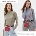Model wearing red leather Samsung Galaxy Z Flip wallet case two ways as a hip pouch and a classic crossbody purse.