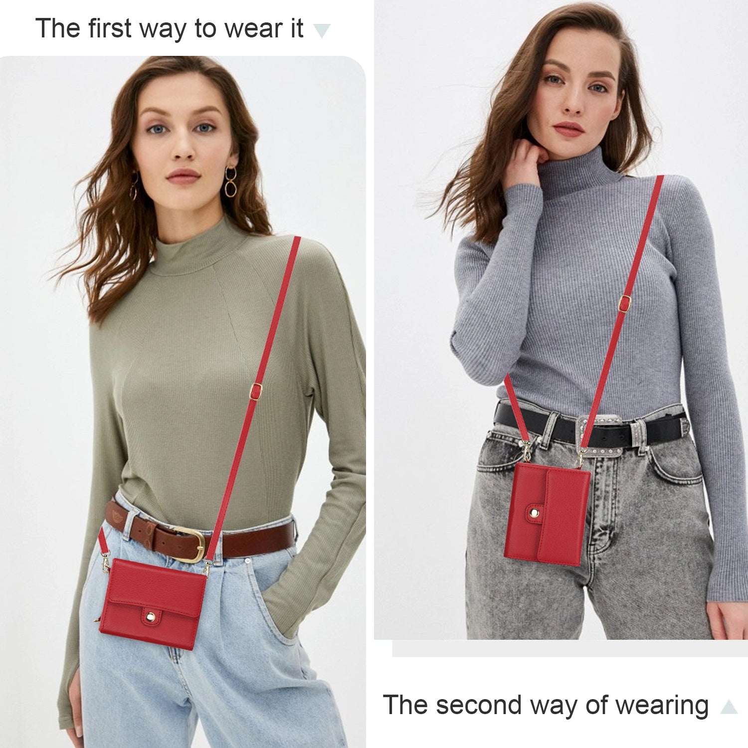 Model wearing red leather Samsung Galaxy Z Flip wallet case two ways as a hip pouch and a classic crossbody purse.