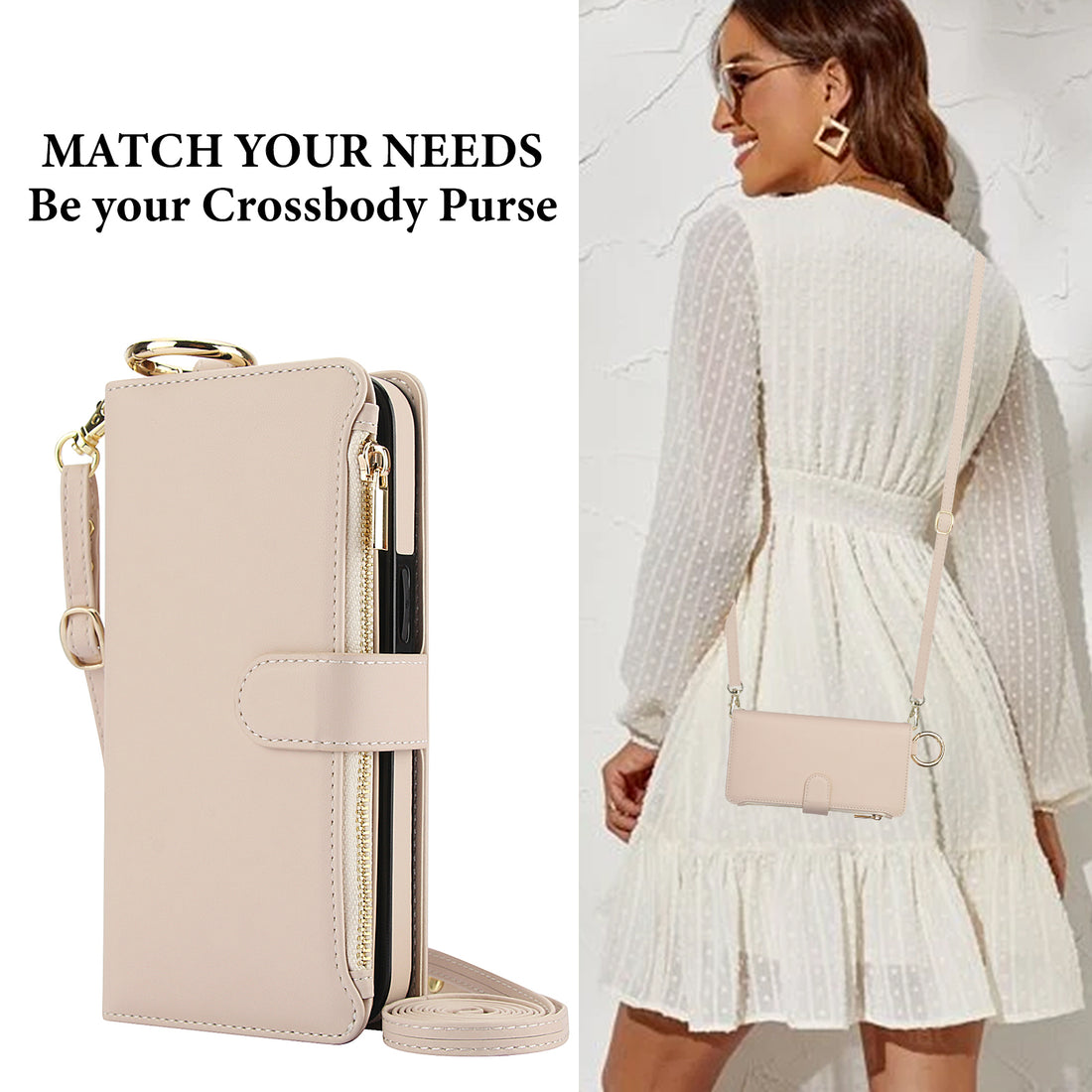 Model wearing rose gold metallic leather crossbody purse case for Samsung Galaxy A16 A15 A14 A13 paired with a white dress.