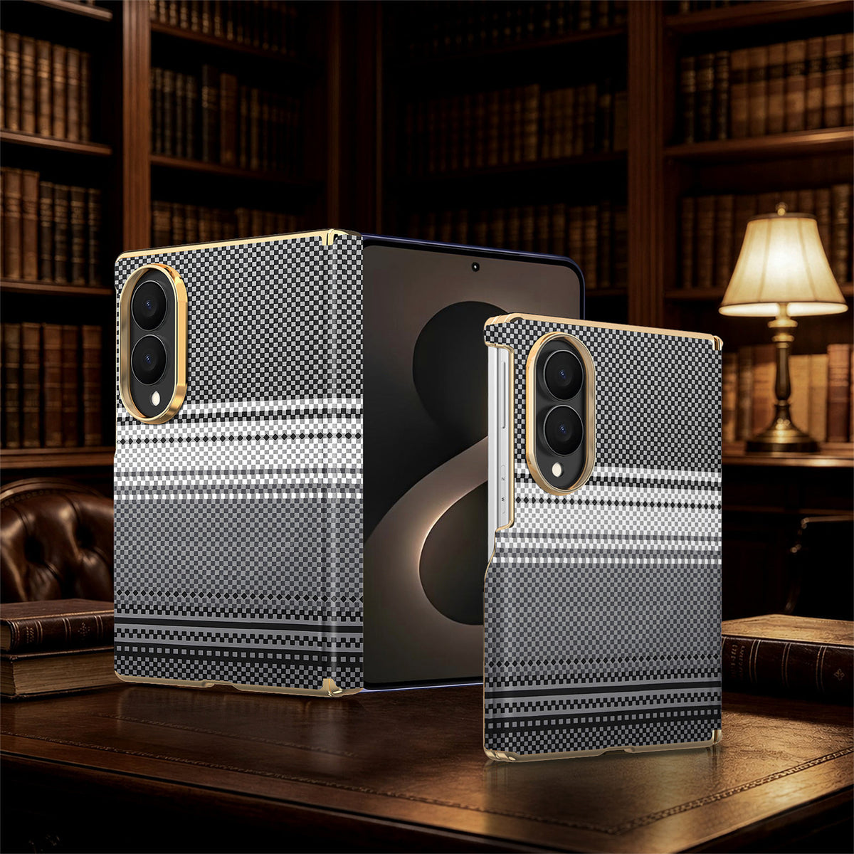 Monochrome black and grey checkered Samsung Galaxy Z Fold 8 magnetic protective case shown in open and closed positions