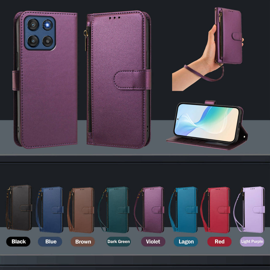 Motorola Moto G Stylus 5G crossbody leather wallet cases displayed in 8 color finishes Black, Blue, Brown, Dark Green, Violet, Lagon, Red, and Light Purple