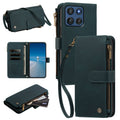 Motorola Moto G Stylus 5G leather wallet case set with adjustable crossbody strap, wristlet lanyard, and multi-card folio