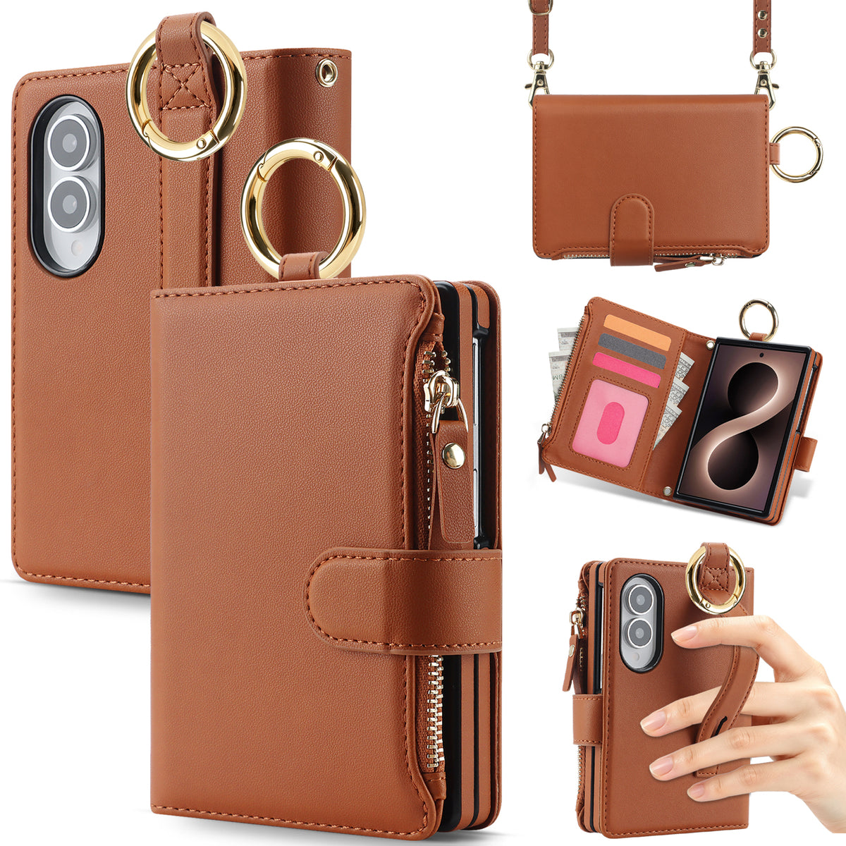Multi-angle product views of the Brown Samsung Galaxy Z Fold 8 crossbody case showing camera cutouts, zipper pocket, metal ring handle, and hand grip.