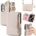 Multi-angle product views of the Creamy White Samsung Galaxy Z Fold 8 crossbody case showing camera cutouts, zipper pocket, metal ring handle, and hand grip.