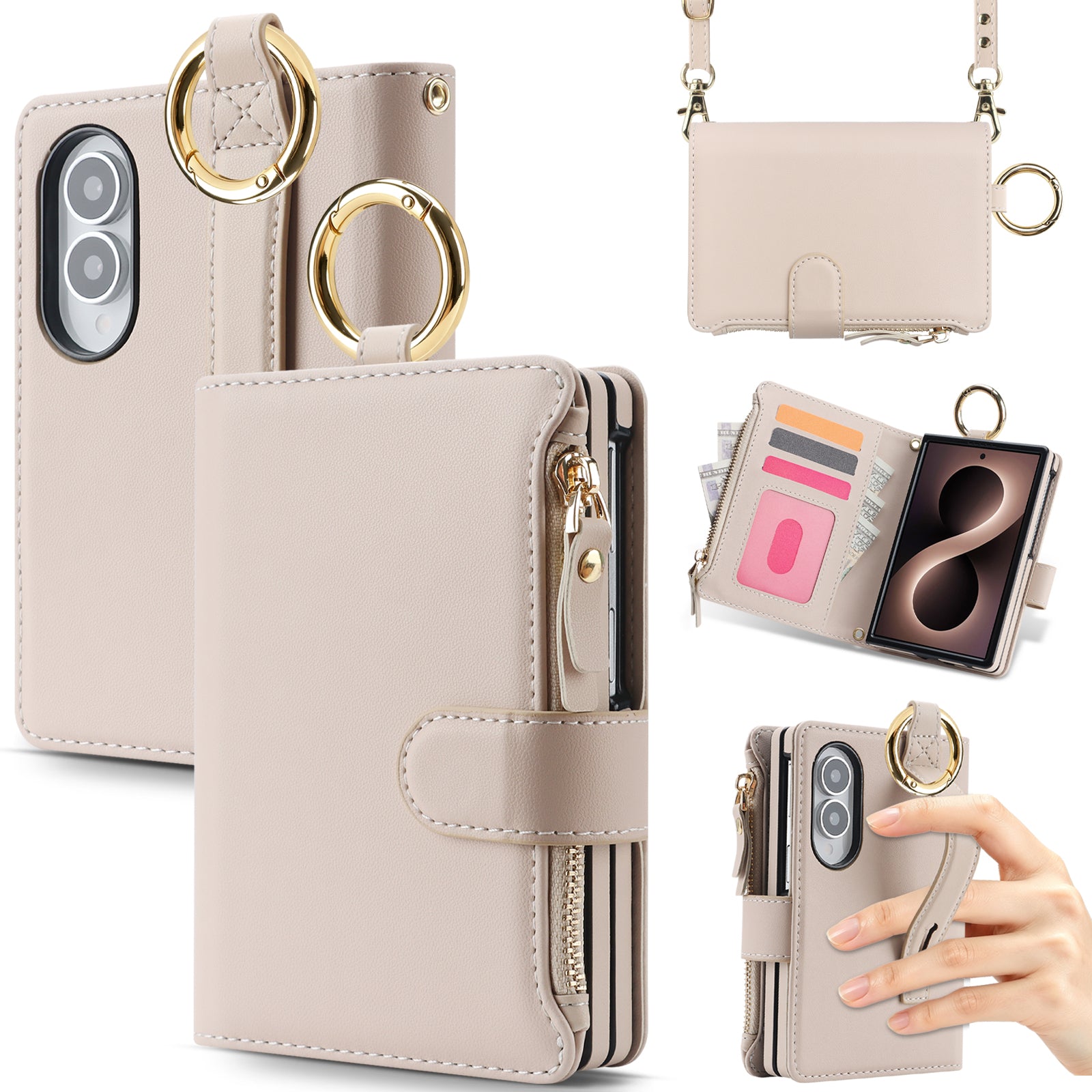 Multi-angle product views of the Creamy White Samsung Galaxy Z Fold 8 crossbody case showing camera cutouts, zipper pocket, metal ring handle, and hand grip.