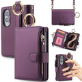 Multi-angle product views of the Dark Purple leather Samsung Galaxy Z Fold 8 crossbody case showing camera cutouts, zipper pocket, metal ring handle, and hand grip.